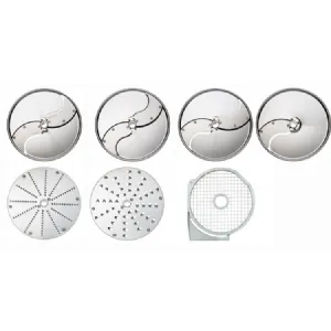 PACK 7 DISQUES INOX : trancheur 2mm + trancheur 5mm + trancheur 10mm + rpeur 2 mm + rpeur 7 mm + effileur 4x4 mm + macdoine 10x10 mm adaptable sur coupe lgumes TRS & TR210  DITO SAMA 650179