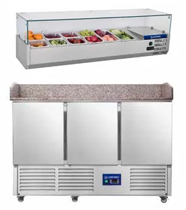 Saladette rfrigre 3 portes avec granit et vitrine  ingrdients CUISTANCE 1010035 + 1010026