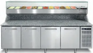 Table pizza 4 portes avec granit et vitrine � ingr�dients AFINOX PZSPR+ 840I + VRS+ 2560V